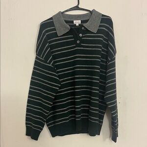 Le Lis Green and Gray Striped Polo Sweater
